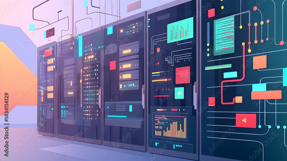 Modern Data Center Server Room With Colorful Displays Modern Data Center Server Room With Colorful Displays