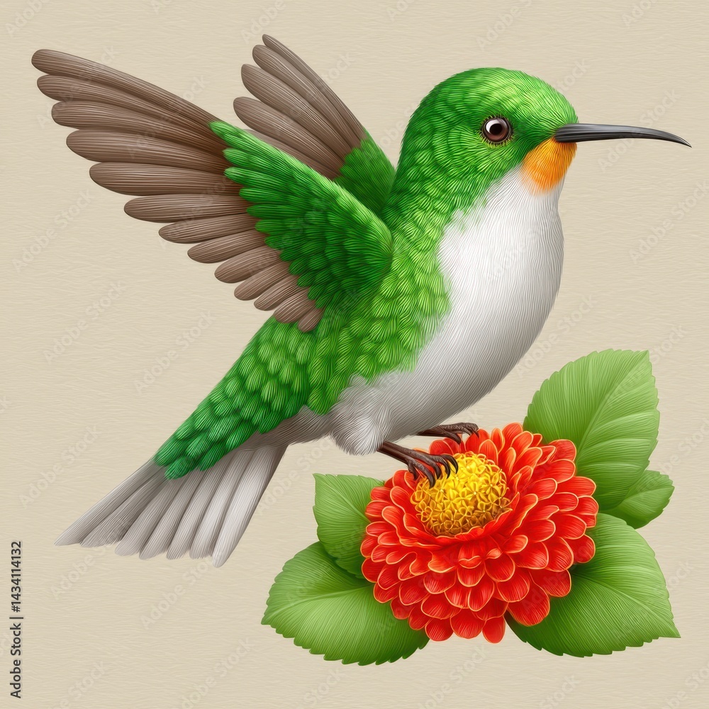 Obraz premium Green Hummingbird on Red Flower Detailed Illustration