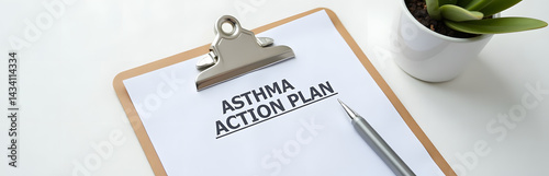 Clipboard and pen with asthma action plan on clean desk background_00001_