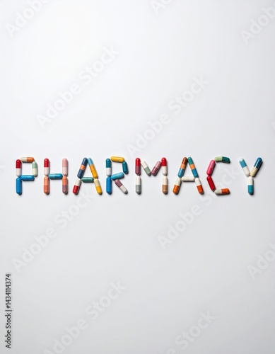 Pharmacy concept with colorful pills forming the word pharmacy on white background