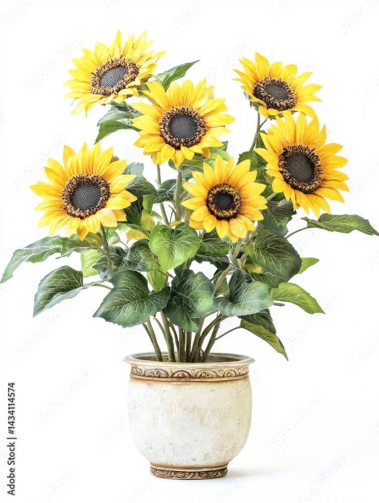 Obraz premium Cheerful sunflowers in a vintage pot on a white background capturing the essence of summer with a bright and sunny mood in a studio shot