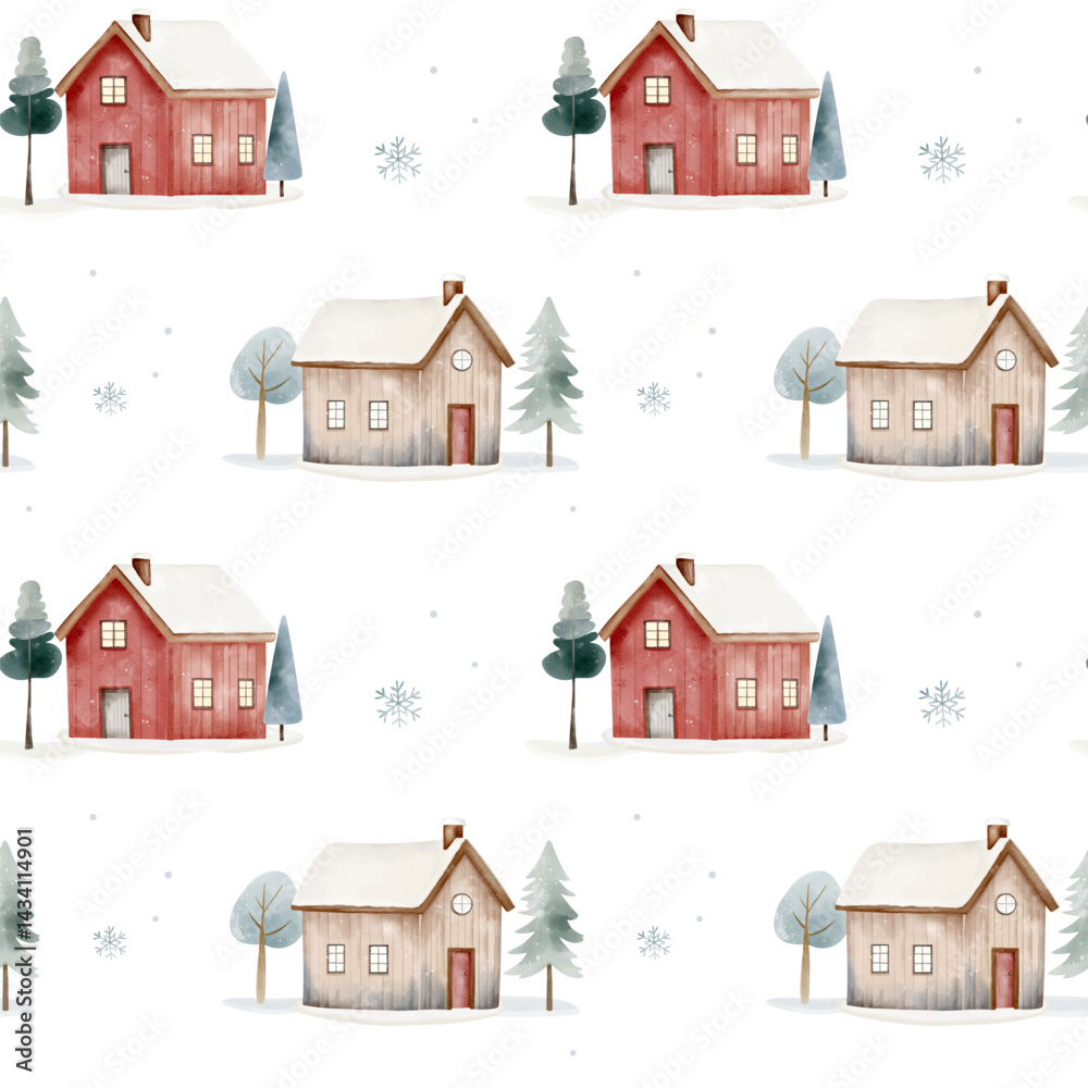 Fototapeta premium Cute watercolor houses background. Seamless pattern with hand drawn wooden houses. Wintertime. Fairytale forest houses.
