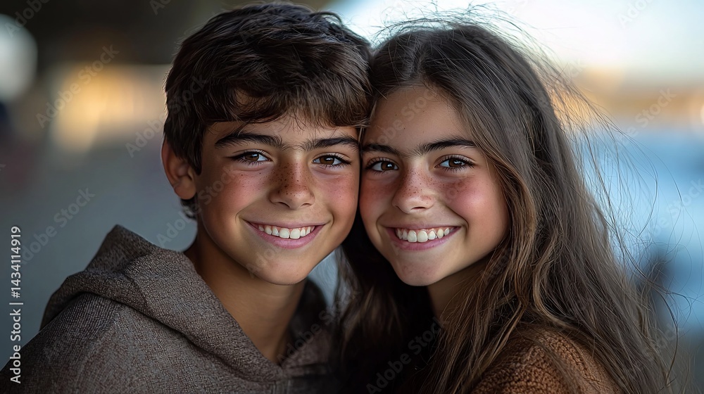Happy siblings smiling, seaside sunset, blurred background, family portrait