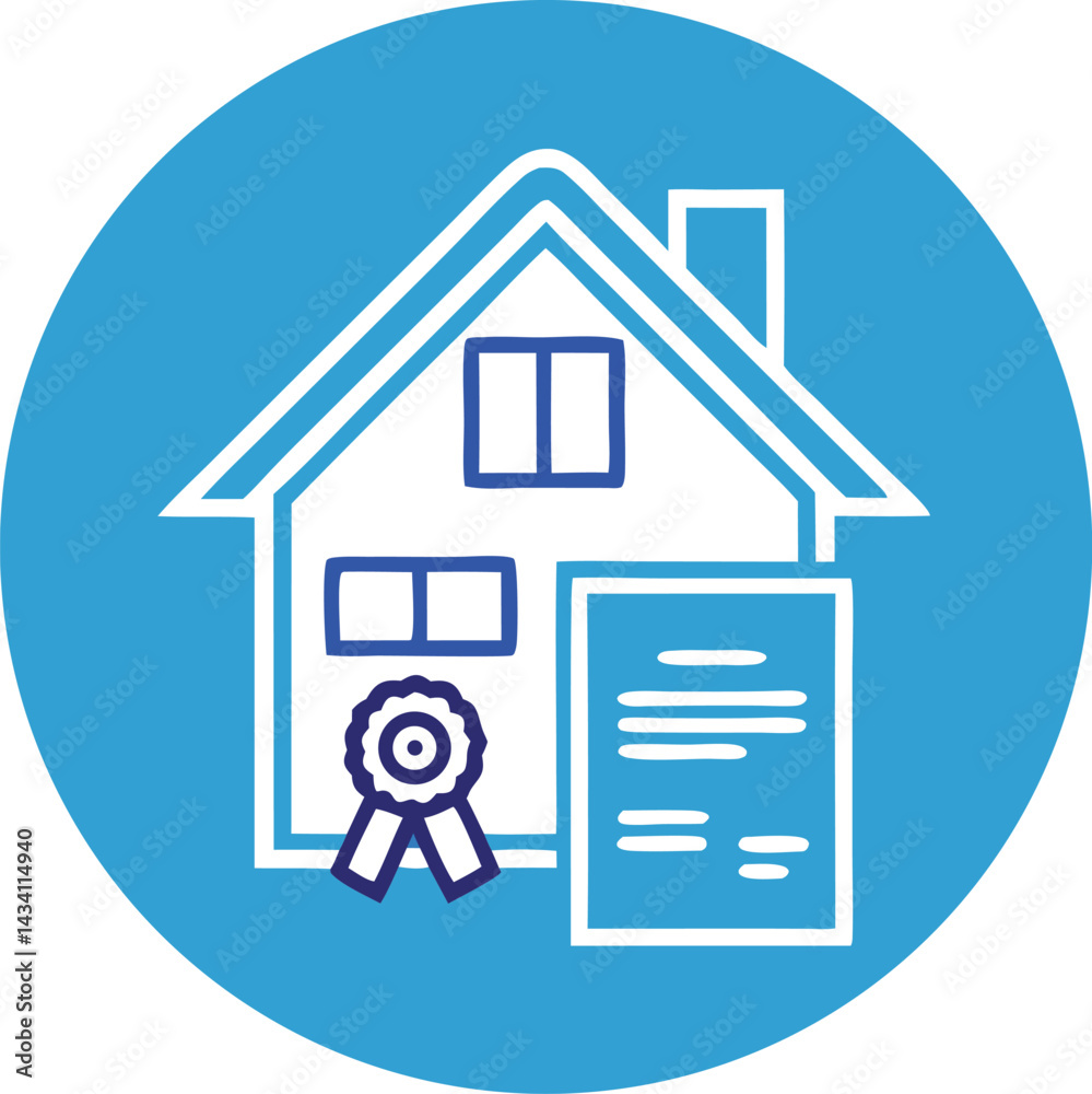 Gradient blue house outline with certificate seal and document icon in flat vector illustration Gradient blue house outline with certificate seal and document icon in flat vector illustration