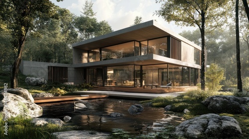 Modern home nestled amidst lush forest surroundings.