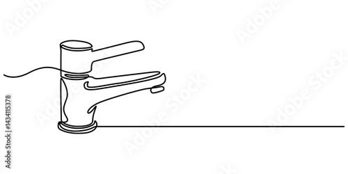 Continuous single line drawing of faucet water tap vector illustration, Water tap with flowing water in one line art style. Minimalist illustration for plumbing, water conservation. 