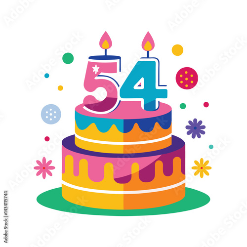 Colorful birthday cake with number 54 candles vector illustration isolated on white background