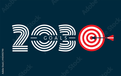 Horizontal poster “Goals 2030” with the year big number, symbolic white-red round target and dart arrow in the center. Vector symbol, logo, sign, label, emblem.