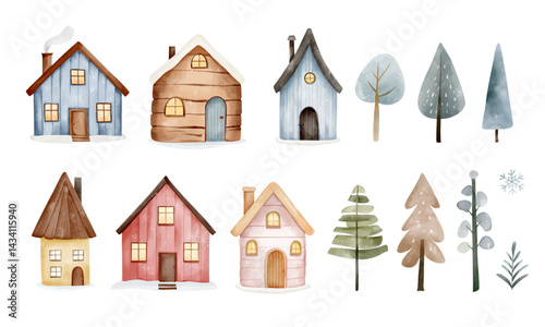 Set of watercolor scandinavian houses and trees. Cute colorful houses. Hand drawn childlike illustration