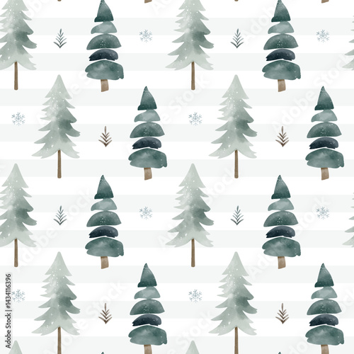 Winter seamless pattern with snowy trees. Christmas pattern. Wintertime backgrounds. Cute watercolor fir trees.