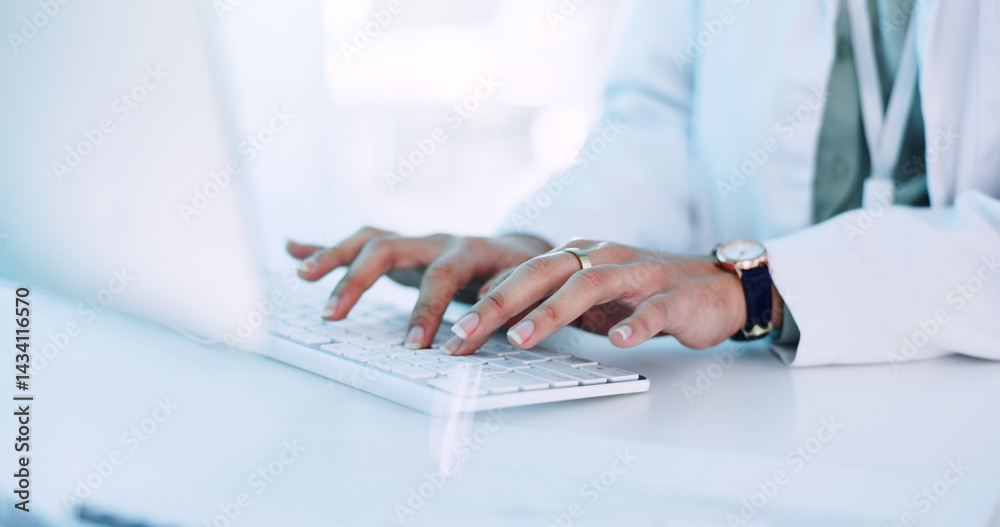 Hands, woman and scientist typing in lab for medical research, experiment results and study report. Person, computer and information for investigation feedback, discovery update and vaccine progress Hands, woman and scientist typing in lab for medical research, experiment results and study report. Person, computer and information for investigation feedback, discovery update and vaccine progress