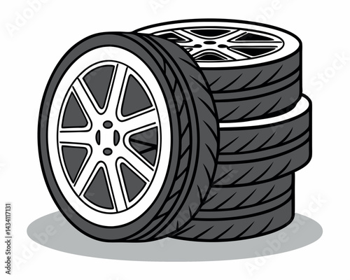 Stack of Car Tires with Rims Vector Illustration.