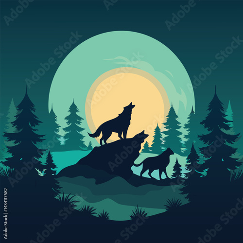 "Wolf silhouettes howling under moonlit skies with forest, mountain, and aurora backdrops, vector illustration"