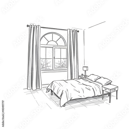 Sketch of a bedroom interior with a bed, arched window, curtains, and bedside table with a lamp. Black and white line illustration.
