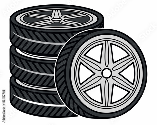 Stack of Car Tires with Rims Vector Illustration.