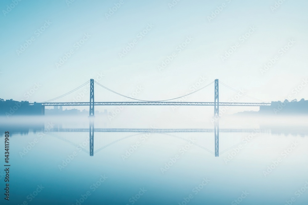 Fototapeta premium Serene suspension bridge reflection in tranquil water under soft light blue sky creating peaceful atmosphere and minimalist composition with foggy background
