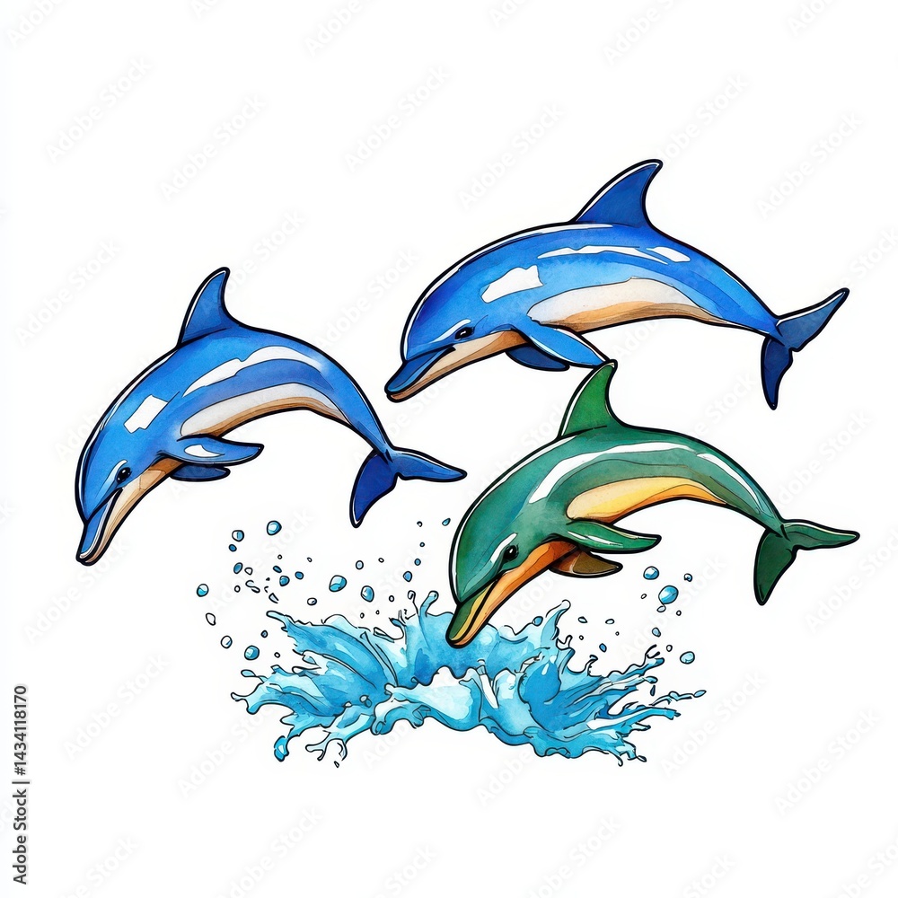 Naklejka premium Three Dolphins Leaping from Ocean Water, Watercolor Illustration