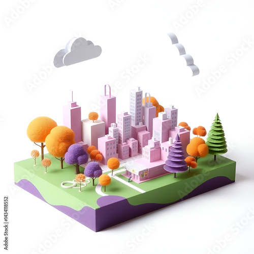 3D city illustration with bright colors and modern geometric shapes. Minimalist and cheerful style.