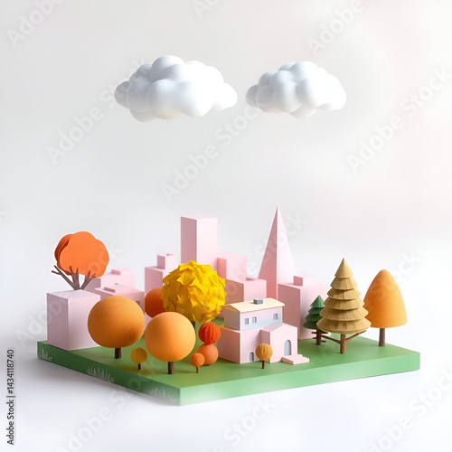 3D city illustration with soft pastel colors and simple shapes. Modern and minimalist style.