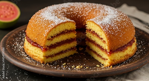 A sliced bolo de rolo (rolled cake) showing thin layers of guava paste and sponge cake, dusted with sugar, elegant vintage plating.