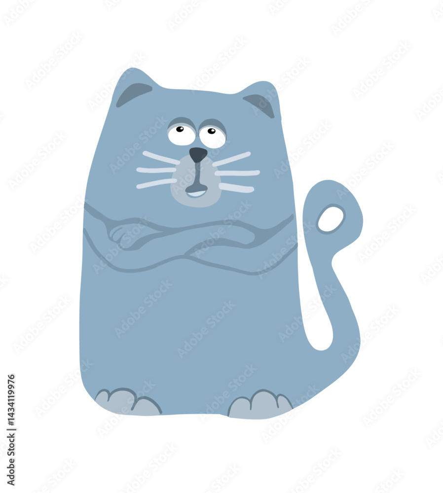 Fototapeta premium cartoon kitty, funny, thought, sticker, various pastel colors, fridge magnet white background, thoughtful cat, animal, illustration, vector