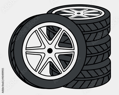 Stack of Car Tires with Rims Vector Illustration.