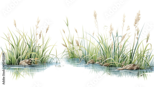 A serene watercolor painting of tall grass growing along the edge of a calm body of water scene view png