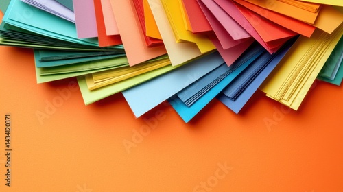 Colorful collection of pastel paper sheets in various shades spread out on orange background, vibrant stationery, craft supplies for creative projects