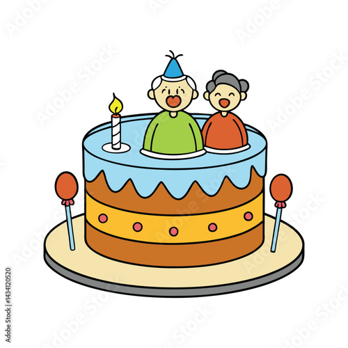 Colorful retirement cake with cartoon elderly figure and birthday candles vector illustration isolated on white background