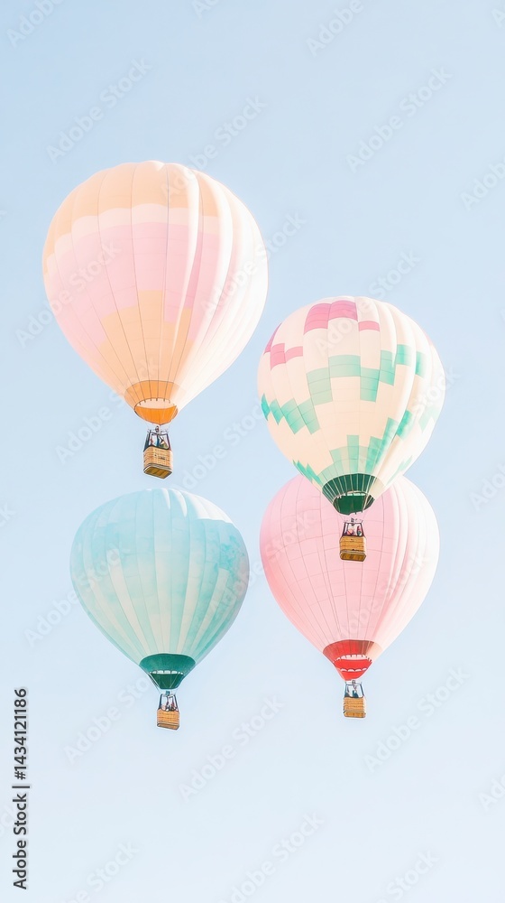 Fototapeta premium Pastel Hot Air Balloons Ascending in a Clear Blue Sky