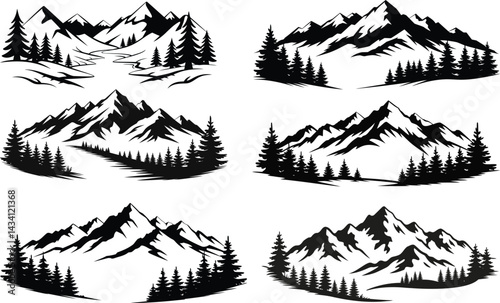 Black  Mountain Silhouette vector Illustrations with Pine Trees.