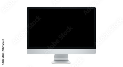 A silver imac computer with a black screen is centered on a black background in a studio shot