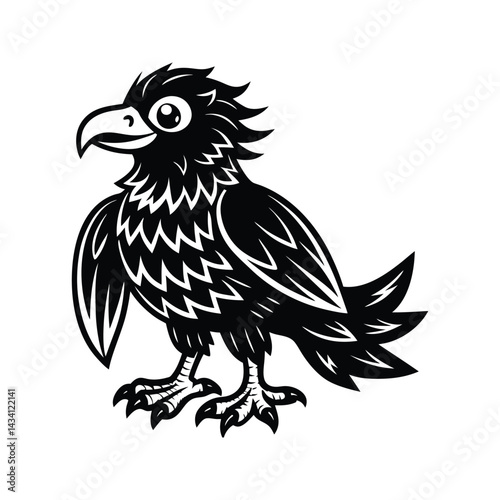 Cute cartoon bird with detailed feathers silhouette isolated on white background