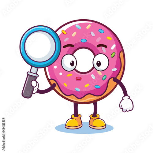 Cute cartoon donut character holding magnifying glass vector illustration isolated on white background