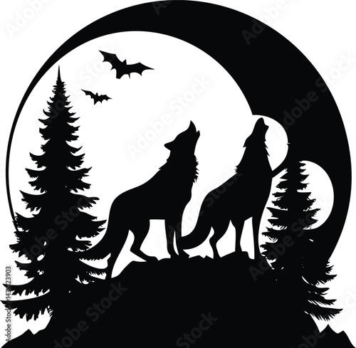 "Wolf silhouettes howling under moonlit skies with forest, mountain, and aurora backdrops, vector illustration"