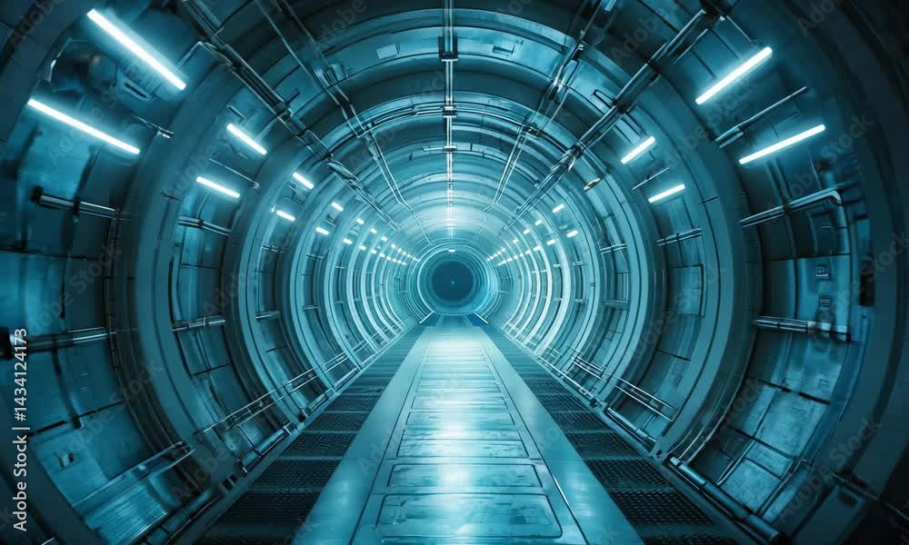 Futuristic scifi tunnel with glowing lights and endless perspective
