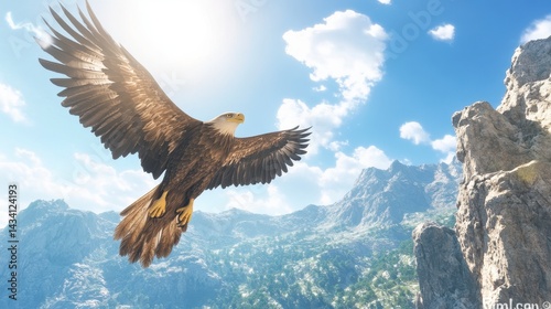 Majestic Brown Eagle Soaring Over Mountainous Landscape Under Bright Sunny Sky