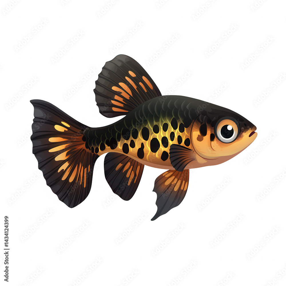 Fototapeta premium Whimsical black and gold fish illustration with unique spot patterns on a black background