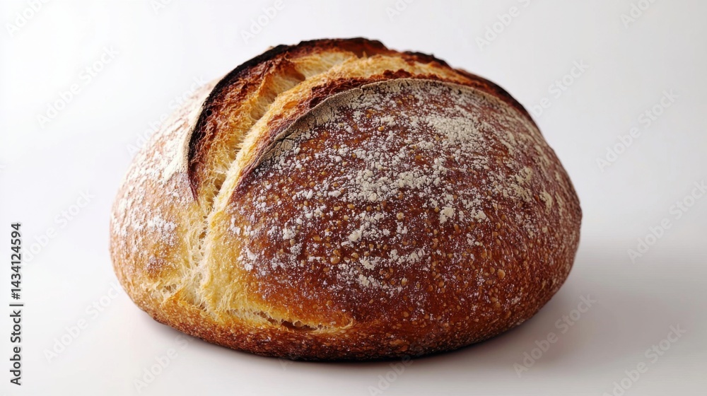 Freshly baked round rustic bread loaf with a golden crust and dusting of flour, ideal for bakery, breakfast, or healthy eating in a minimalist setting Freshly baked round rustic bread loaf with a golden crust and dusting of flour, ideal for bakery, breakfast, or healthy eating in a minimalist setting