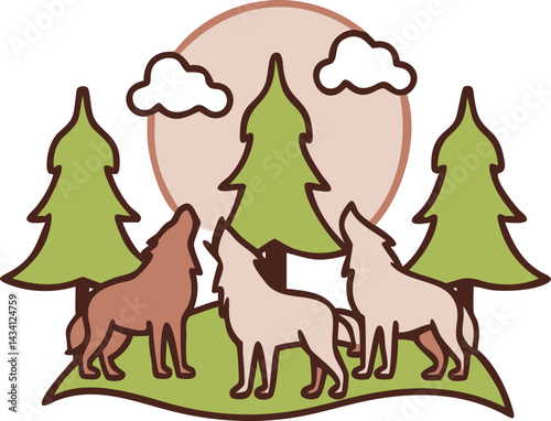 "Wolf silhouettes howling under moonlit skies with forest, mountain, and aurora backdrops, vector illustration"