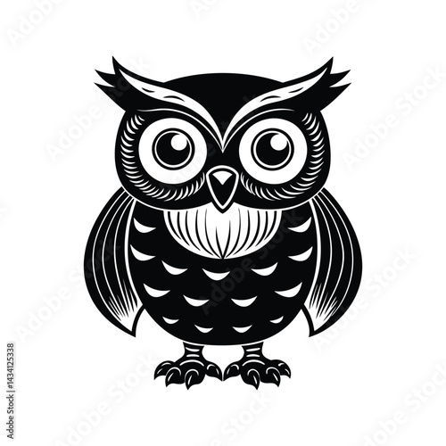 Cute cartoon owl character silhouette isolated on white background