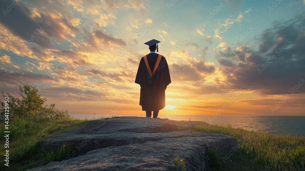 person in a degree gown on top of a hill with a beautiful landscape