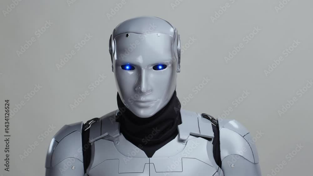 Portrait of futuristic smart intelligent silver cyborg looking and scanning environment on grey background. Artificial intelligence. Future technology. Internet of things.