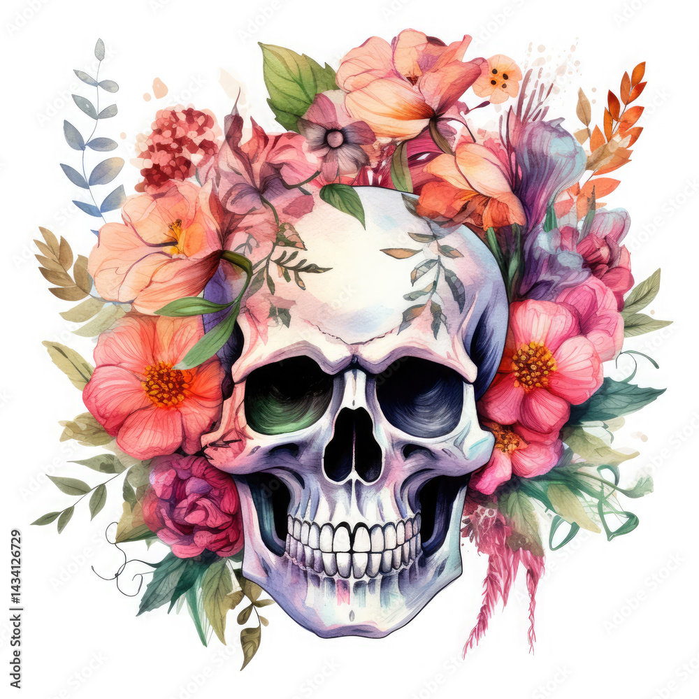 Fototapeta premium Watercolor Skeleton's Head Among Flowers, clipart Illustration, Generative Ai