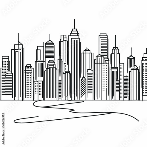 Minimalist line art illustration of a city skyline with tall buildings