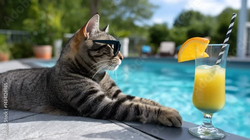 A relaxed cat wearing sunglasses next to a colorful drink by the poolside.