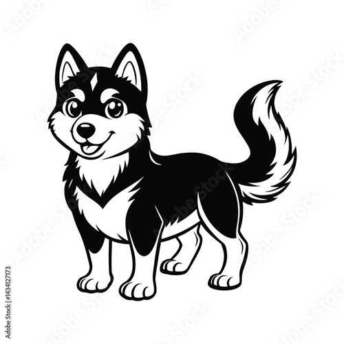 Cute cartoon Siberian husky dog outline silhouette isolated on white background