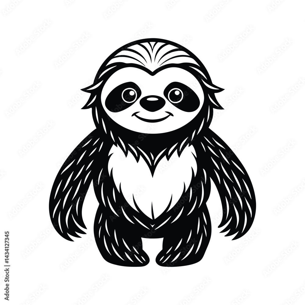 Obraz premium Cute cartoon sloth with detailed fur silhouette isolated on white background