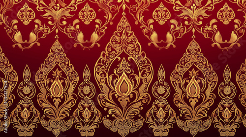 Thai style art painting features a vintage floral pattern with gold decoration on a fabric texture, showcasing a baroque ornament