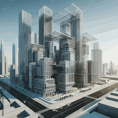Futuristic architectural rendering of a modern city skyline with sleek skyscrapers and geometric design